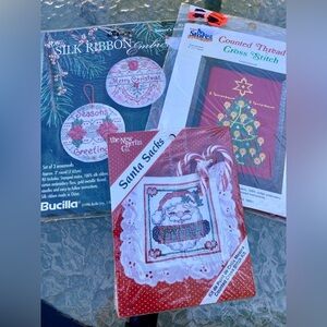 Christmas Cross Stitch Kits Vintage Bucilla Silk Ribbon Santa Sacks Tannenbaum